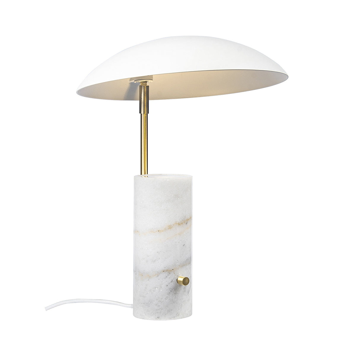 Détail du dessous de l'abat-jour blanc et de la tige verticale en laiton