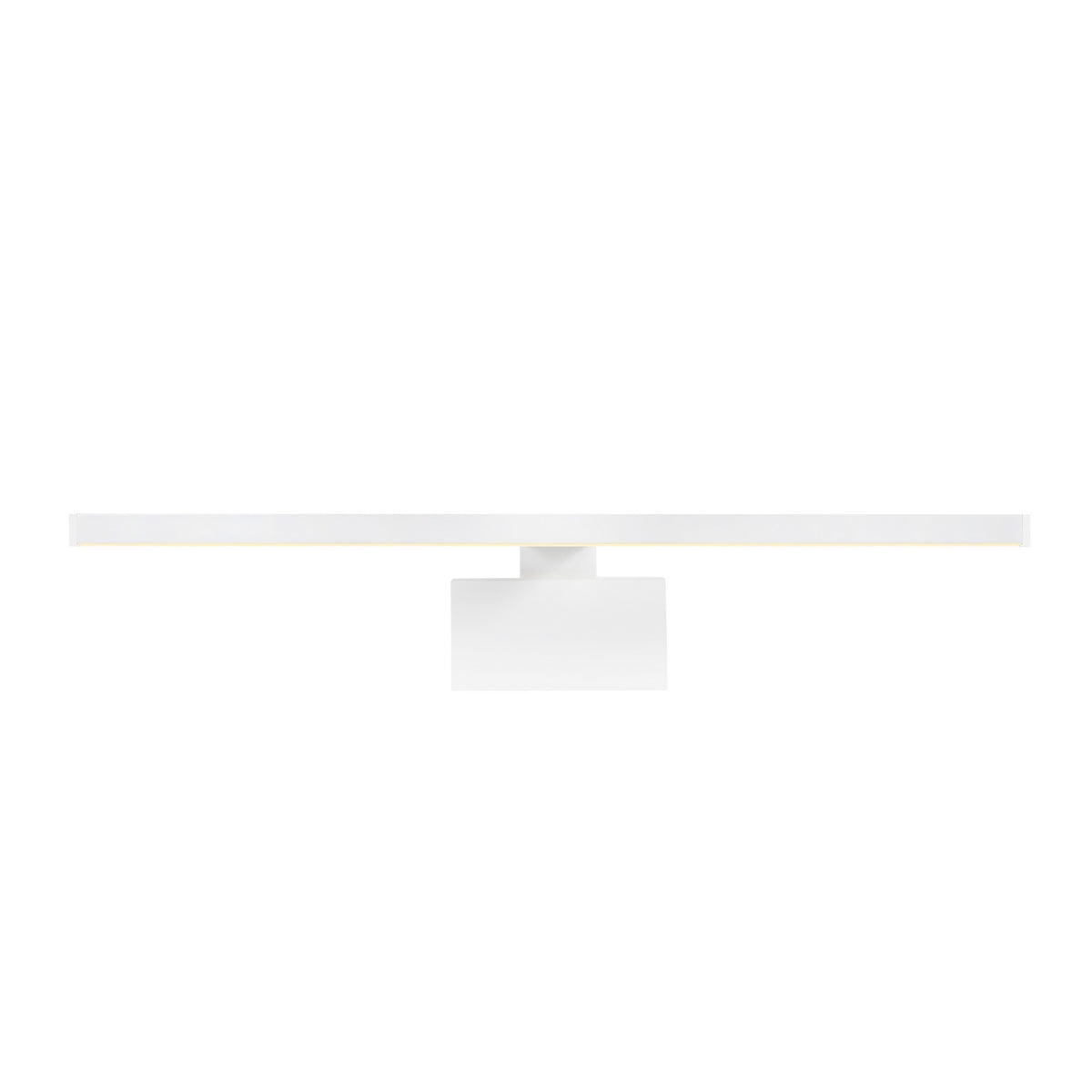 Profil frontal du luminaire blanc, long bandeau fin et support central discret