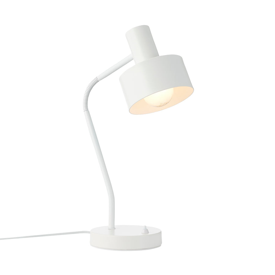 Lampe à poser blanche inclinée, montrant le bras flexible et l'abat-jour cylindrique