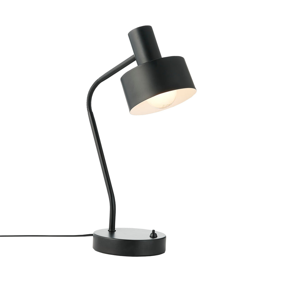Version noire de la lampe, bras flexible courbé et socle rond inclus