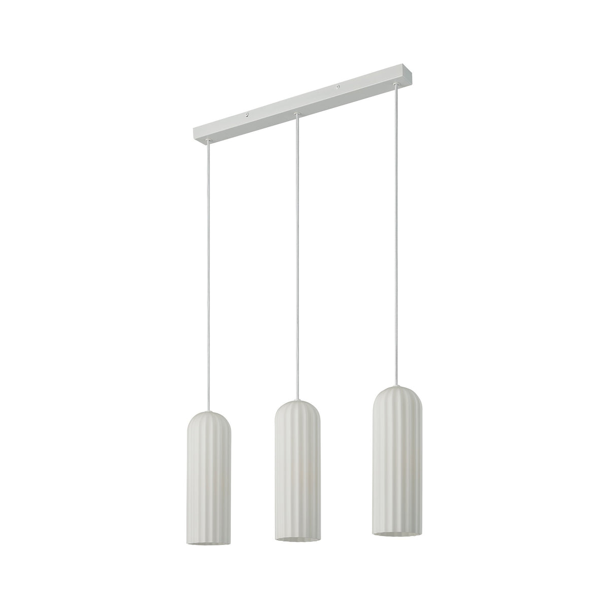 Trois abat-jours cylindriques en verre opalin éteints, suspendus à une barre rectangulaire