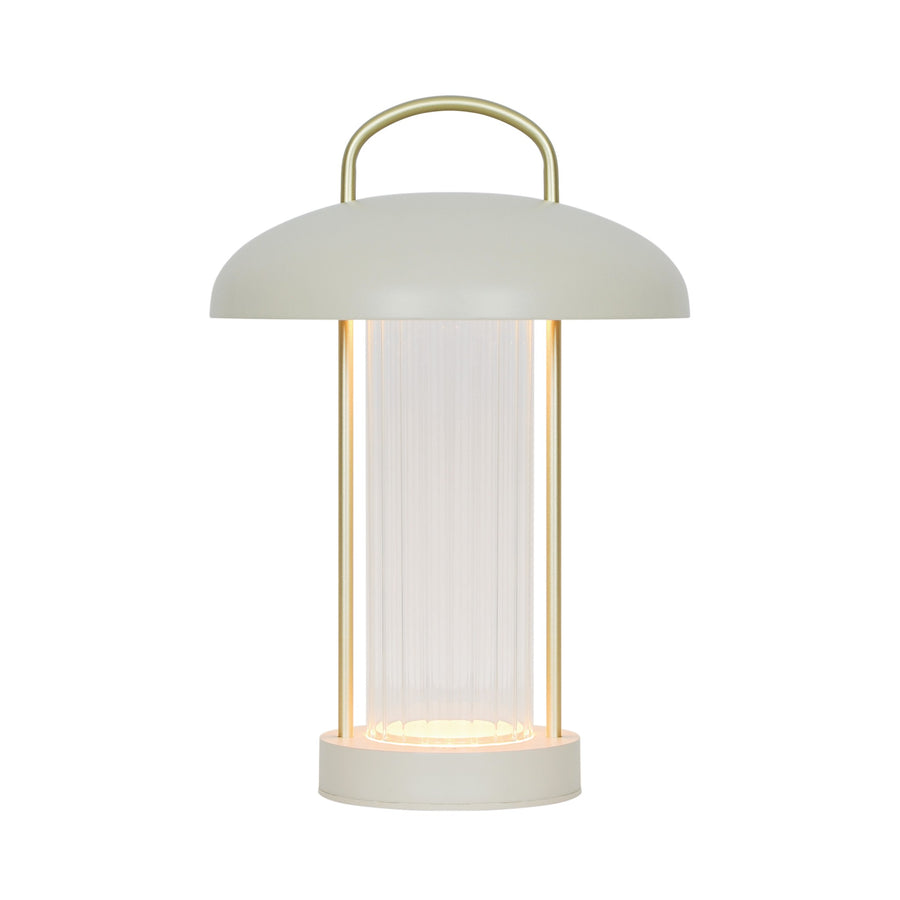 Luminaire portable de face sur fond blanc, dôme laiteux et cylindre de verre strié
