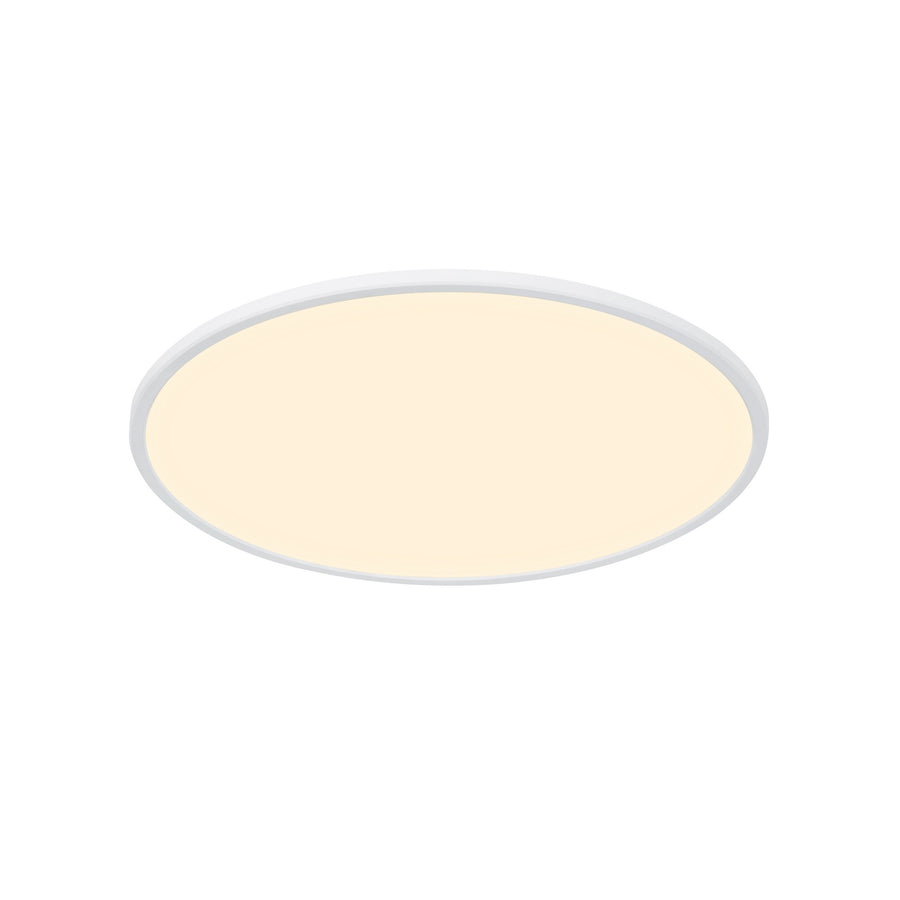 Vue légèrement ovale du luminaire LED blanc posé sur fond neutre