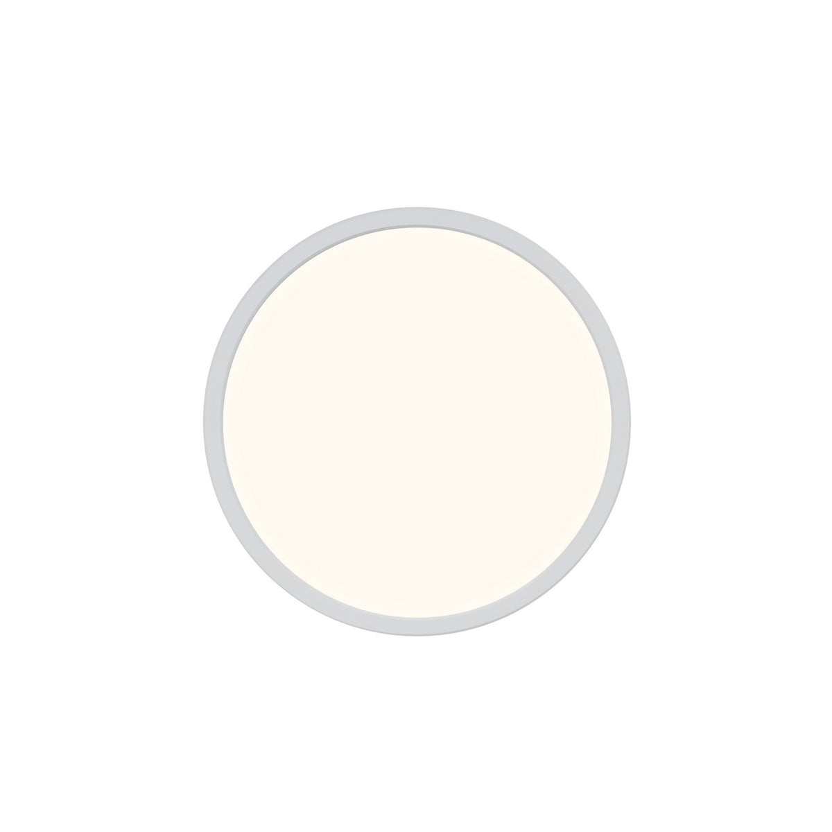Vue de face d'un plafonnier LED rond allumé, diffusant une lumière chaude uniforme.