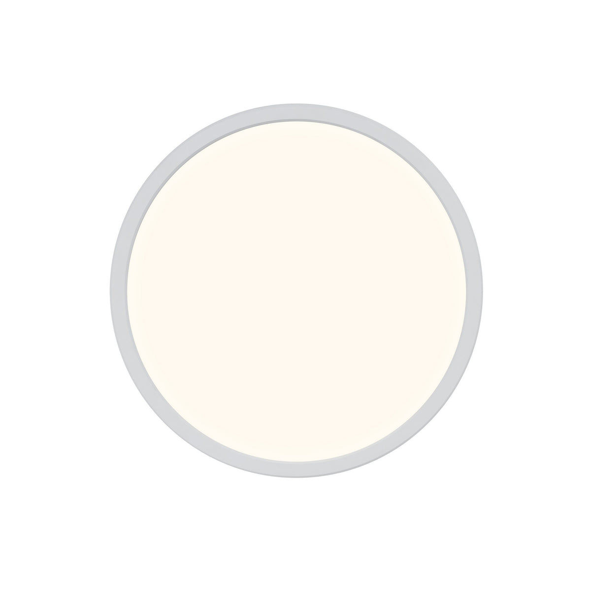 Vue de face du plafonnier rond blanc, cerclage fin et diffuseur uniforme