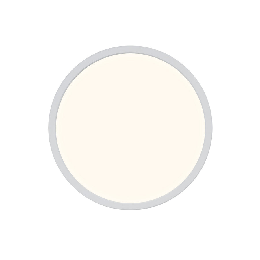 Vue de face du plafonnier rond blanc, cerclage fin et diffuseur uniforme