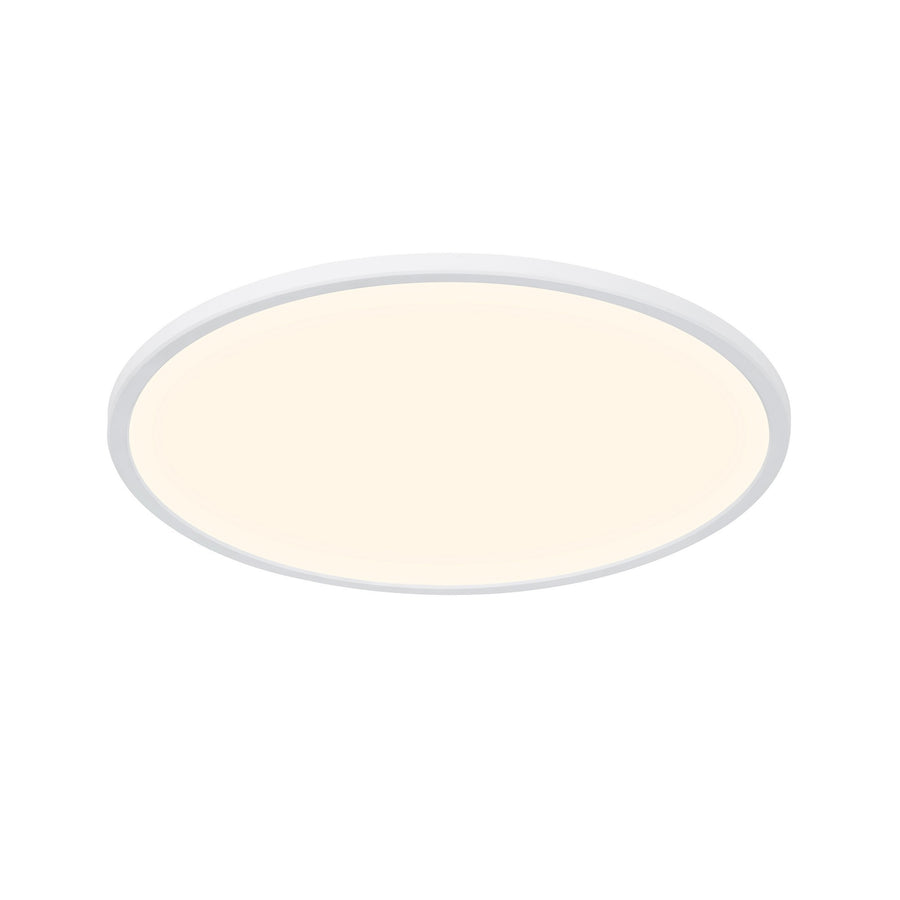 Vue de face du plafonnier rond blanc, diffuseur opale allumé, sans cadre visible.