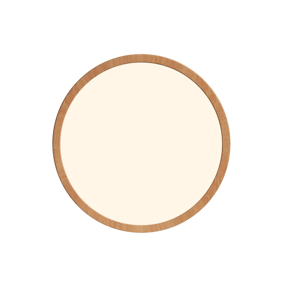 Vue de face du plafonnier rond à cerclage bois clair, diffuseur crème