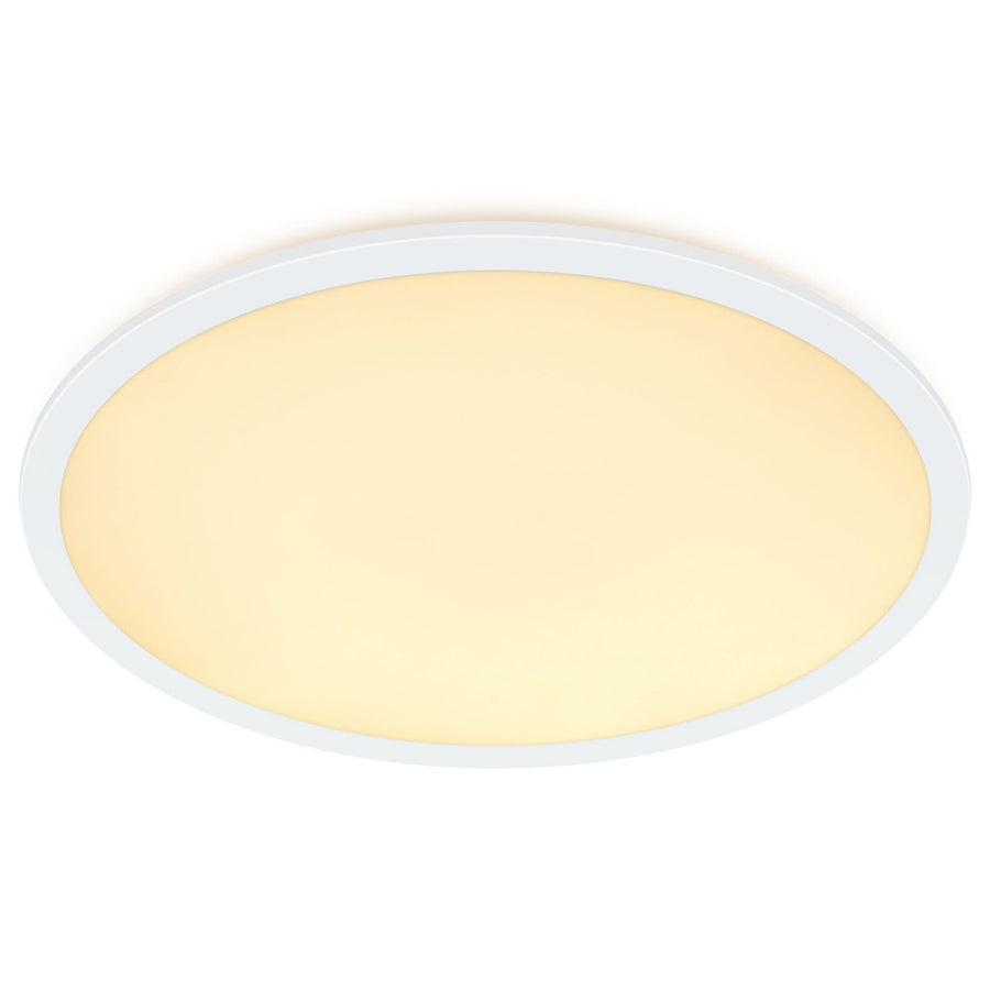 Plafonnier rond blanc allumé, vue de face montrant le diffuseur lumineux uniforme