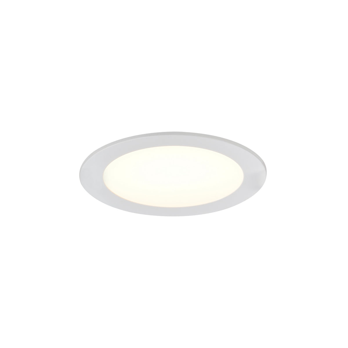 Vue en plongée d'un spot encastrable blanc, collerette fine et lumière chaude.