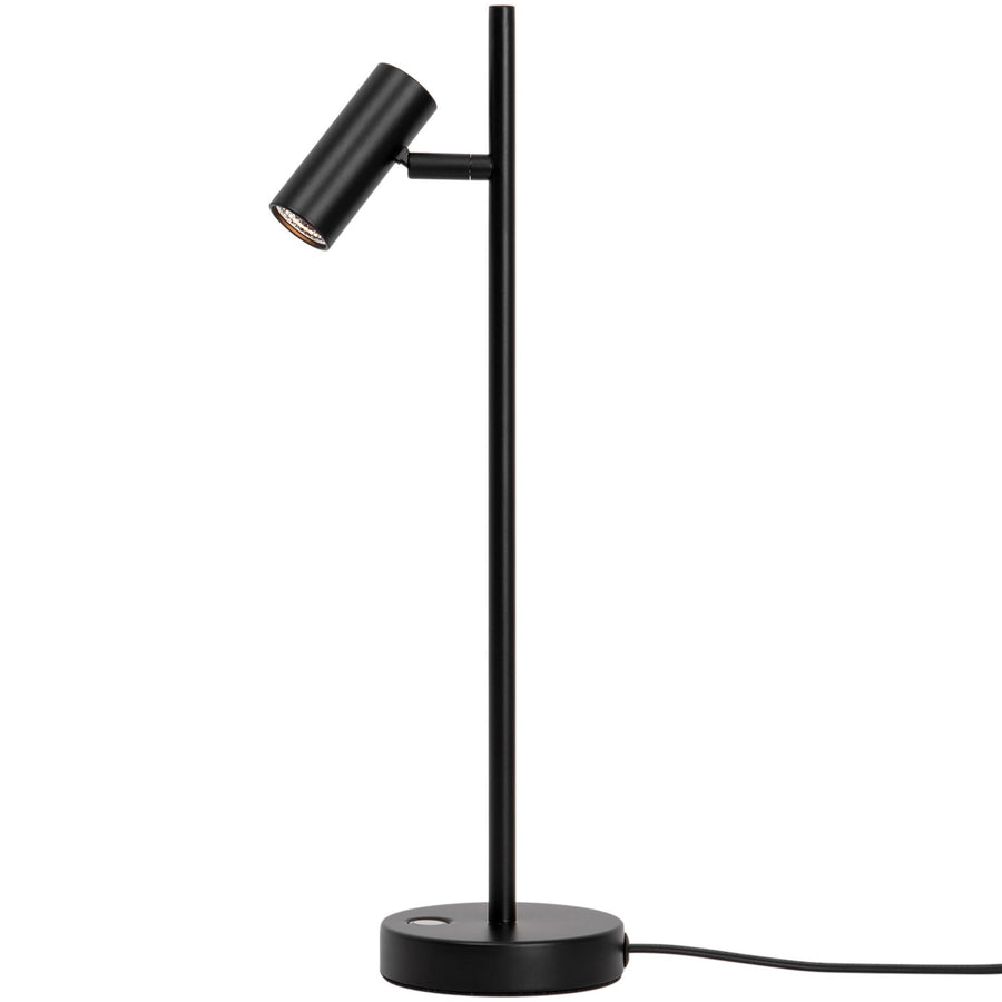 Version noire de la lampe à poser, spot cylindrique orientable et base ronde.
