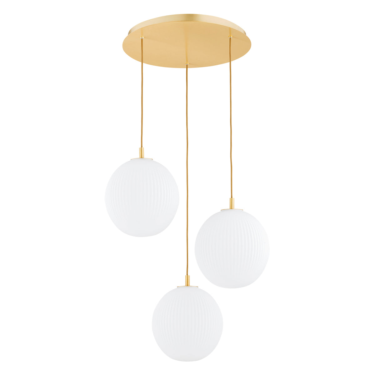 Vue de face du luminaire et de ses trois globes en verre dépoli strié