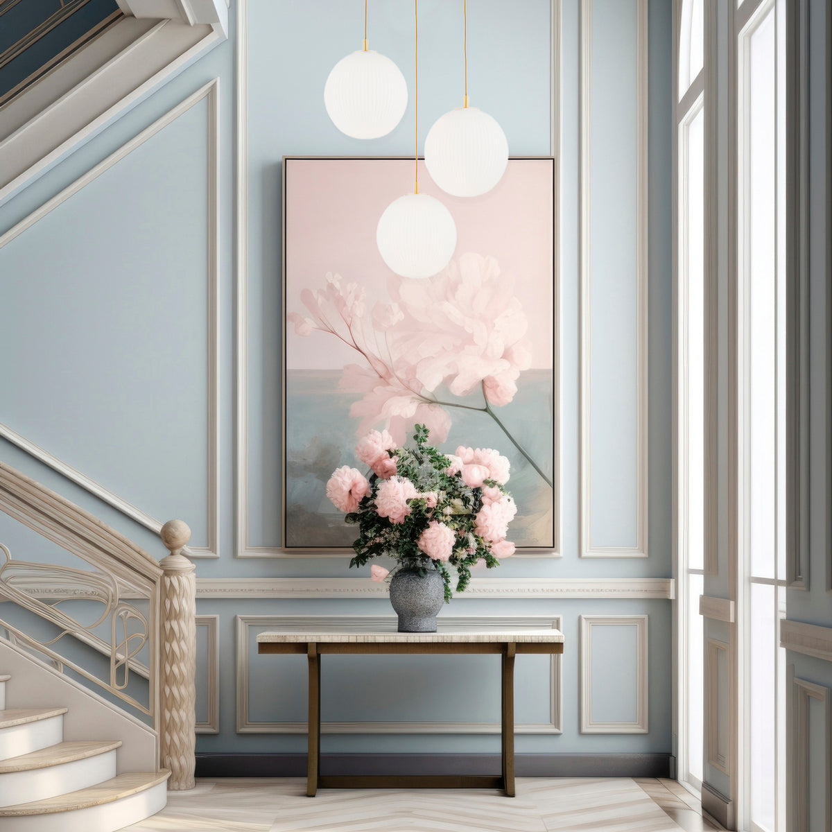 Mise en ambiance dans une entrée bleu pâle avec table, bouquet et tableau