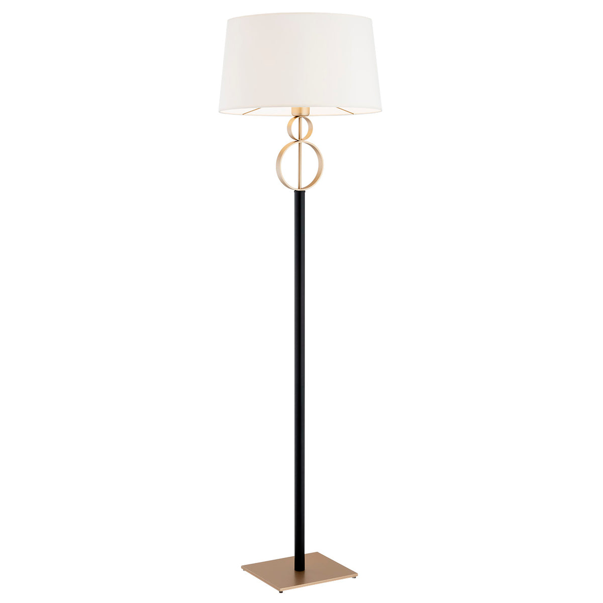 Lampadaire au fût noir et anneaux dorés, abat-jour tambour blanc