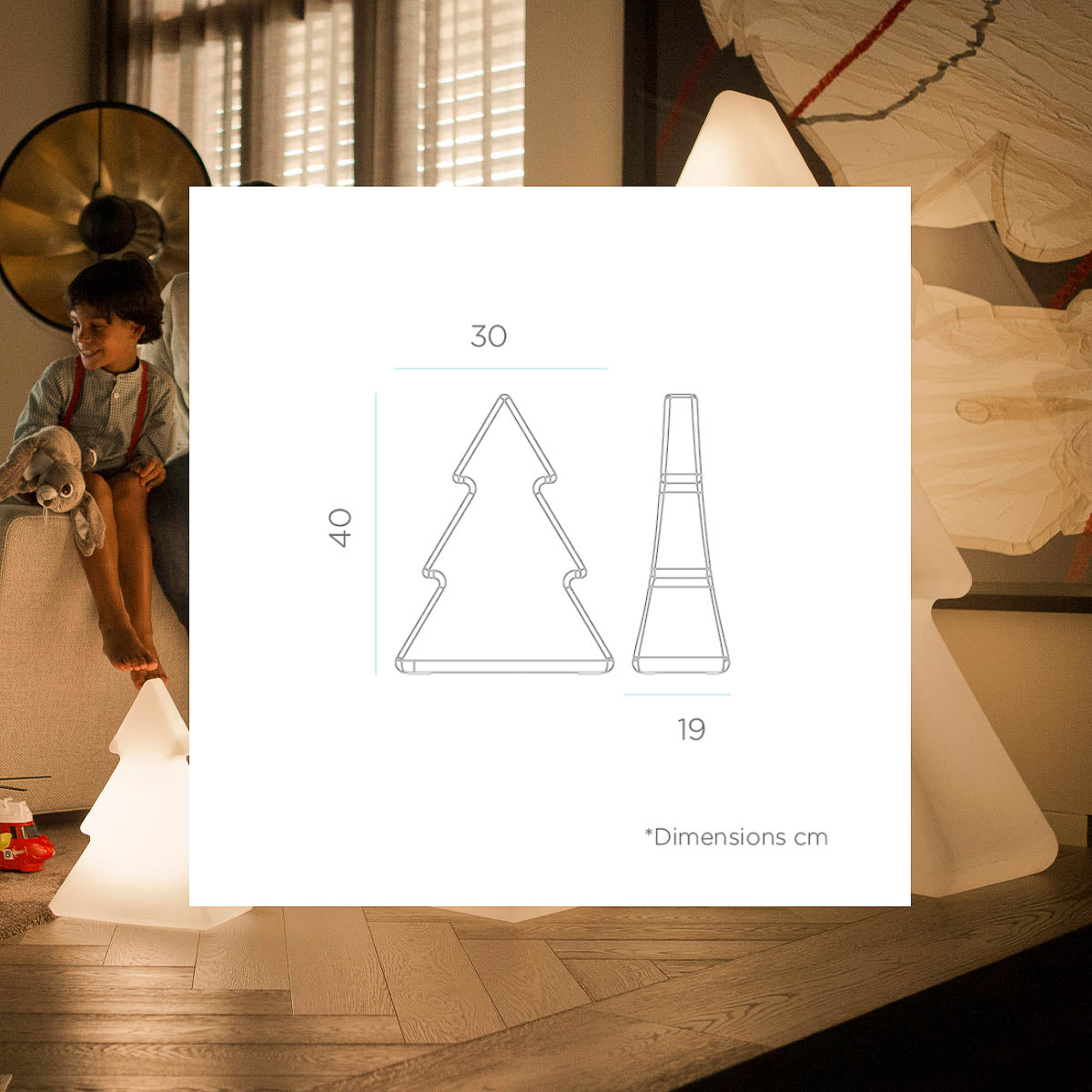 Schéma de dimensions du sapin : trente centimètres de large, quarante de haut, dix-neuf de profondeur