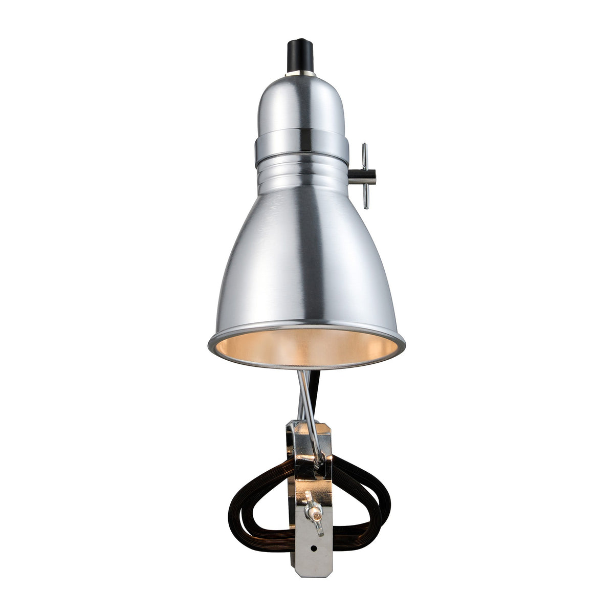 Vue de face de la lampe à pince argentée avec abat-jour en forme de cône