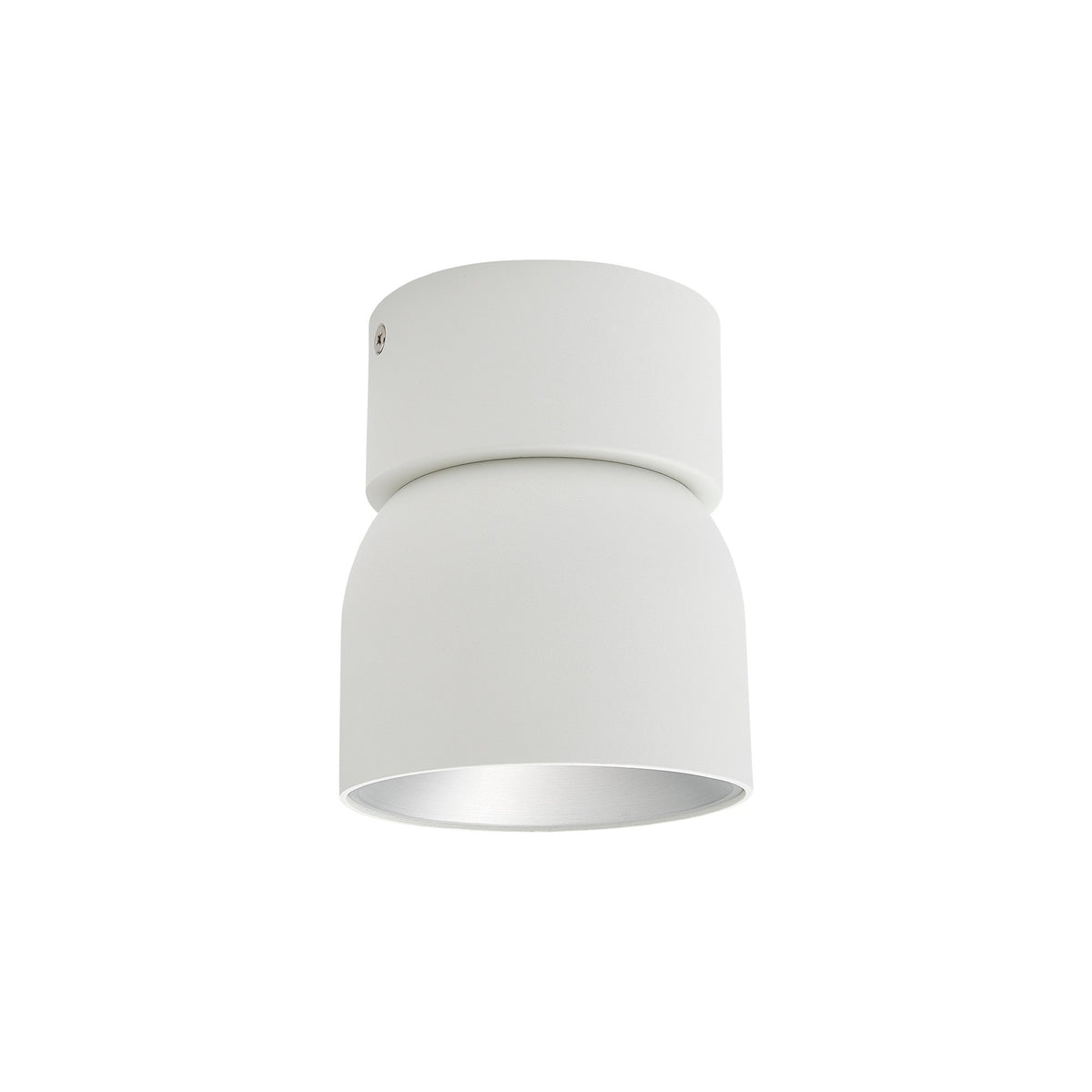 Spot de plafond blanc vu de trois quarts, corps cylindrique éteint et réflecteur métallique