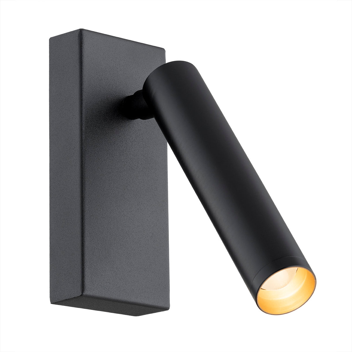 Applique murale noire mate orientable, tête cylindrique et platine rectangulaire verticale