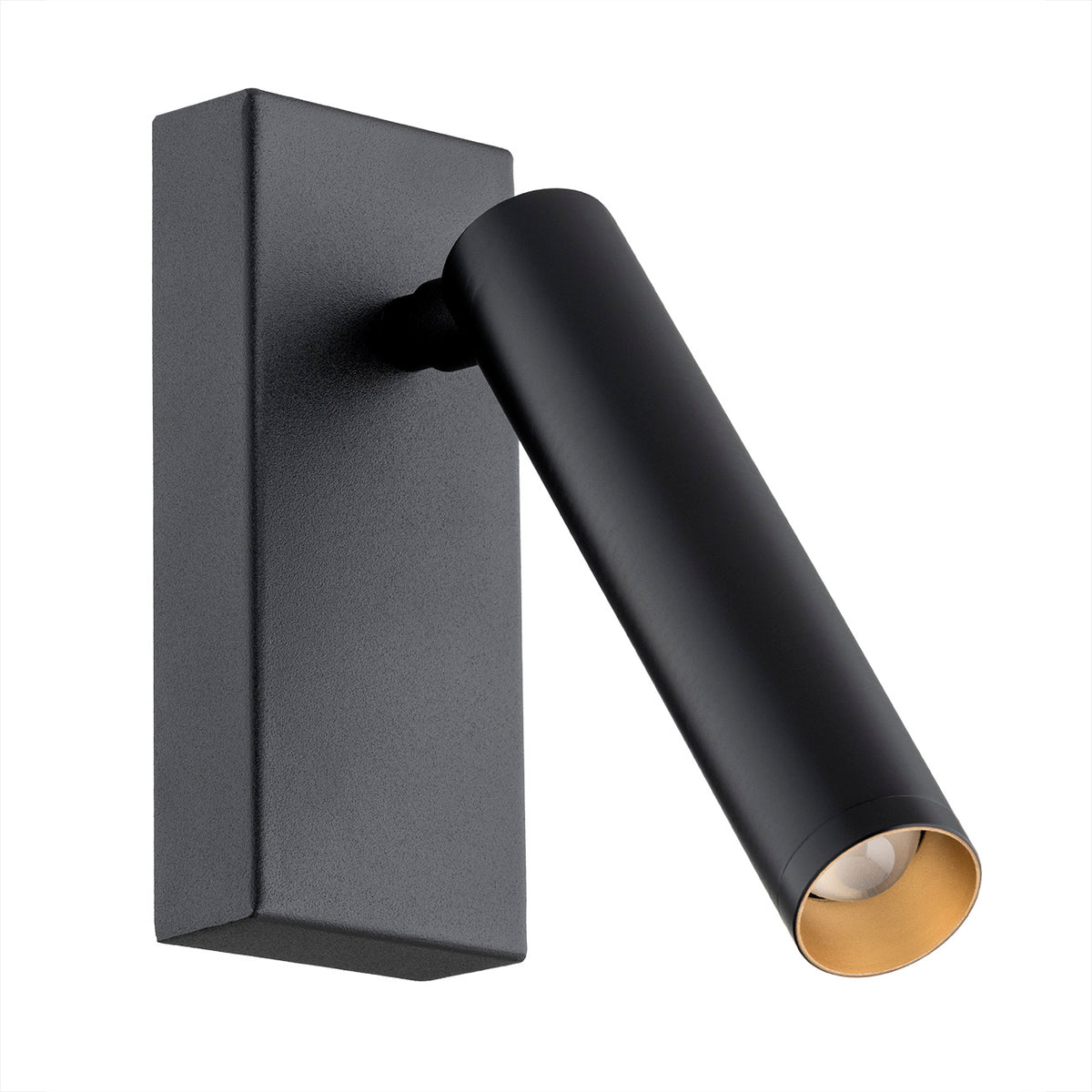 Luminaire noir mat vu de biais, intérieur doré réfléchissant autour de l'ampoule