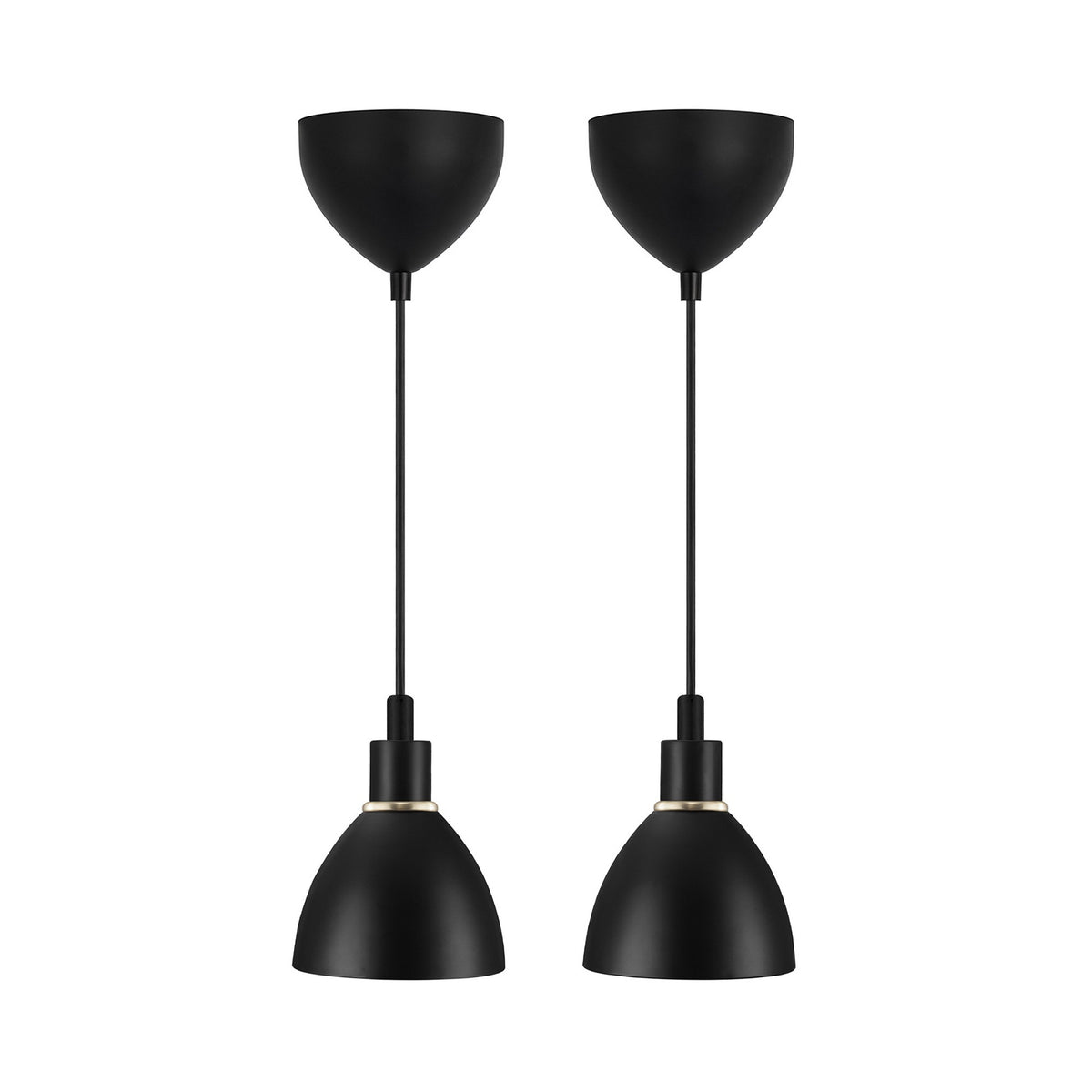 Suspension noire mate à deux abat-jours en métal, douilles noires et anneaux dorés, fond blanc.