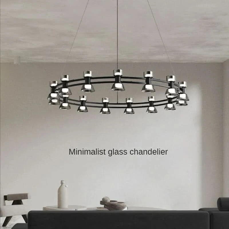 Suspension anneau noir double avec mention minimaliste glass chandelier, vue de face