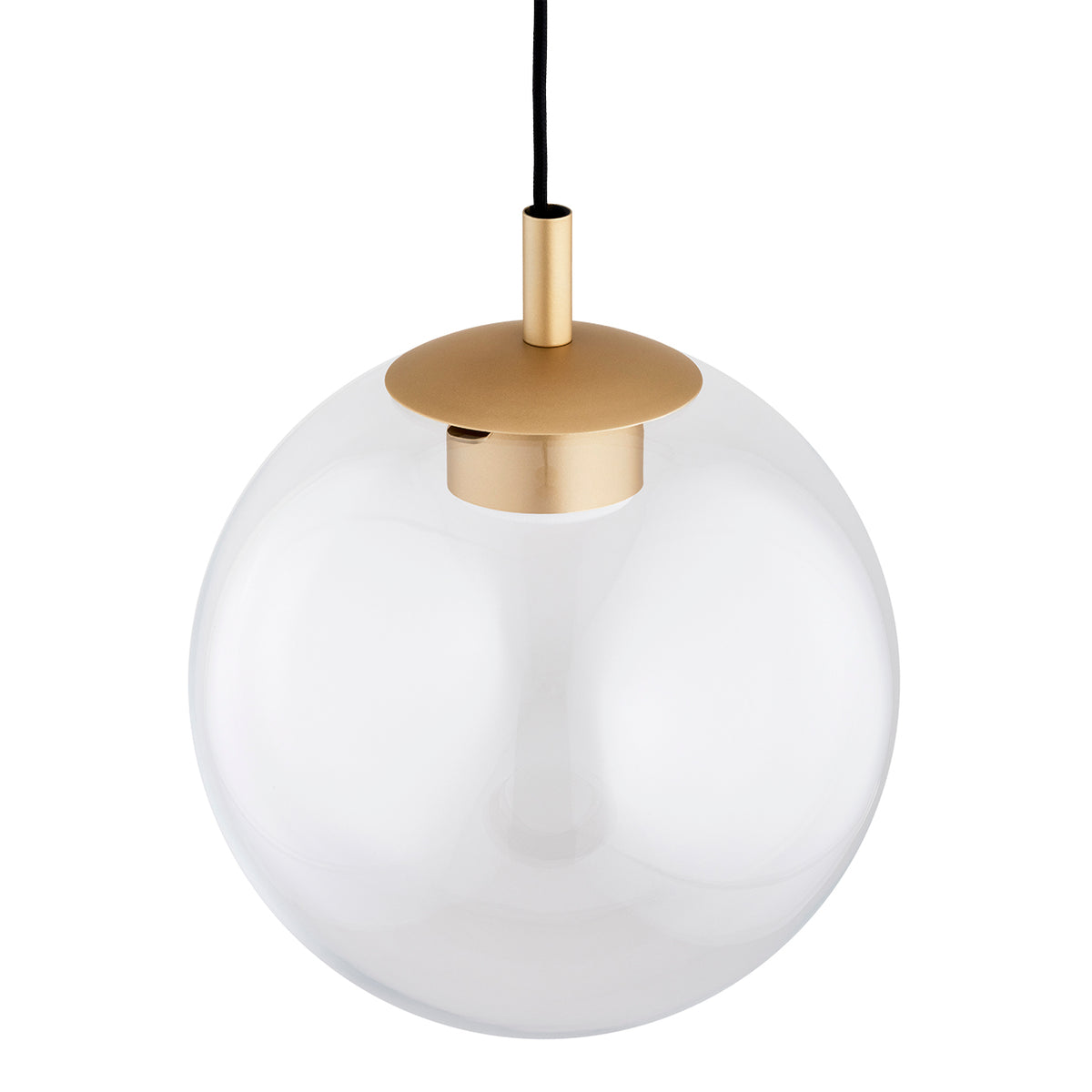 Détail du support en laiton et de la calotte du globe en verre transparent.