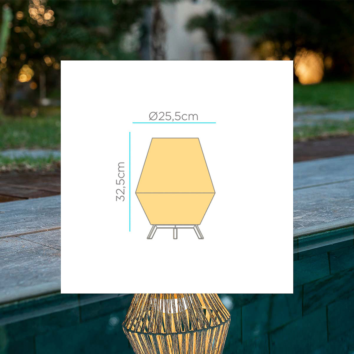 Schéma de dimensions de la lampe, diamètre 25,5 cm et hauteur 32,5 cm