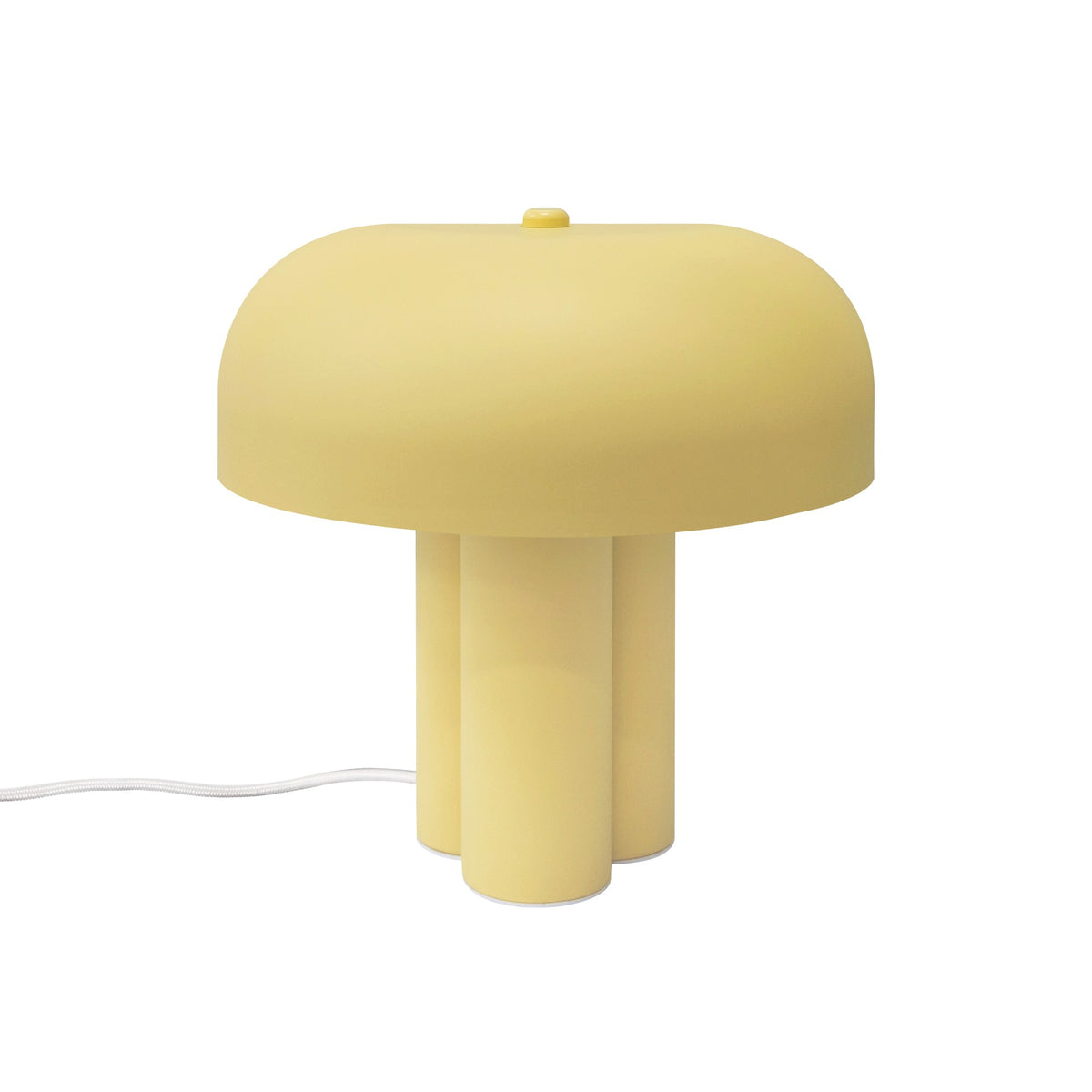 Troisième angle du luminaire jaune, ombre douce et cordon électrique visible.