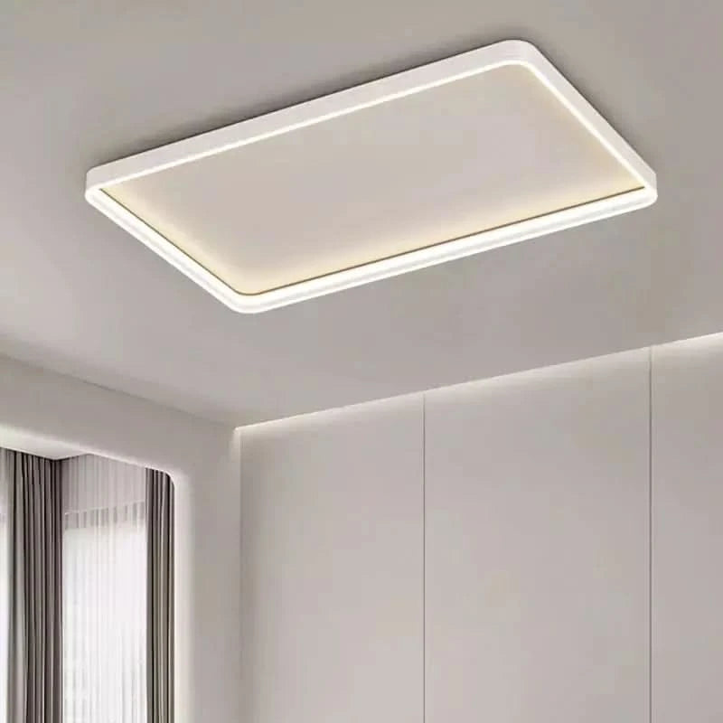 Plafonnier rectangulaire blanc, LED allumée, vue en perspective dans une chambre.