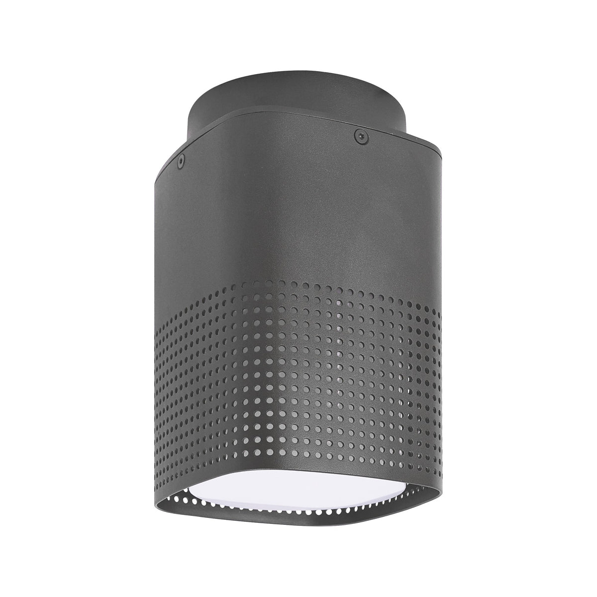 Vue de trois quarts du luminaire noir, capot métallique et diffuseur blanc en bas.