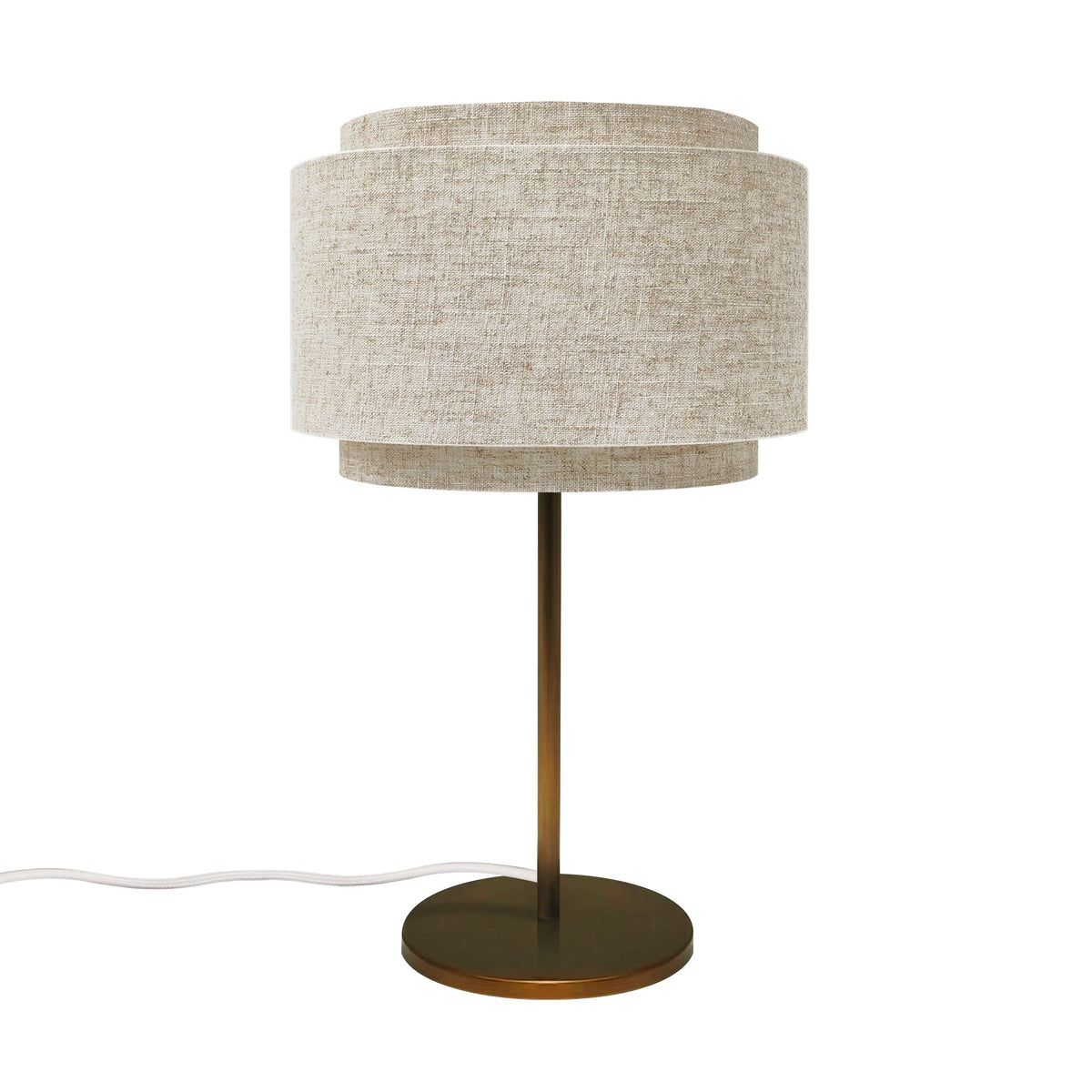 Vue de face de la lampe éteinte, abat-jour en lin beige brut