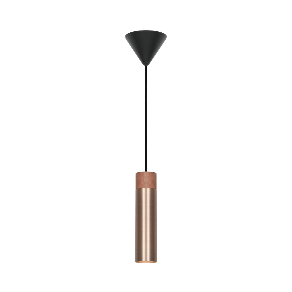 Vue de face du luminaire suspendu avec rosace noire en cône et câble