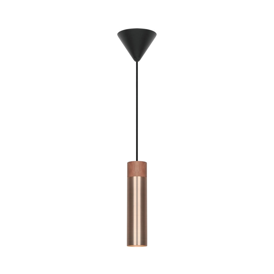 Vue de face du luminaire suspendu avec rosace noire en cône et câble