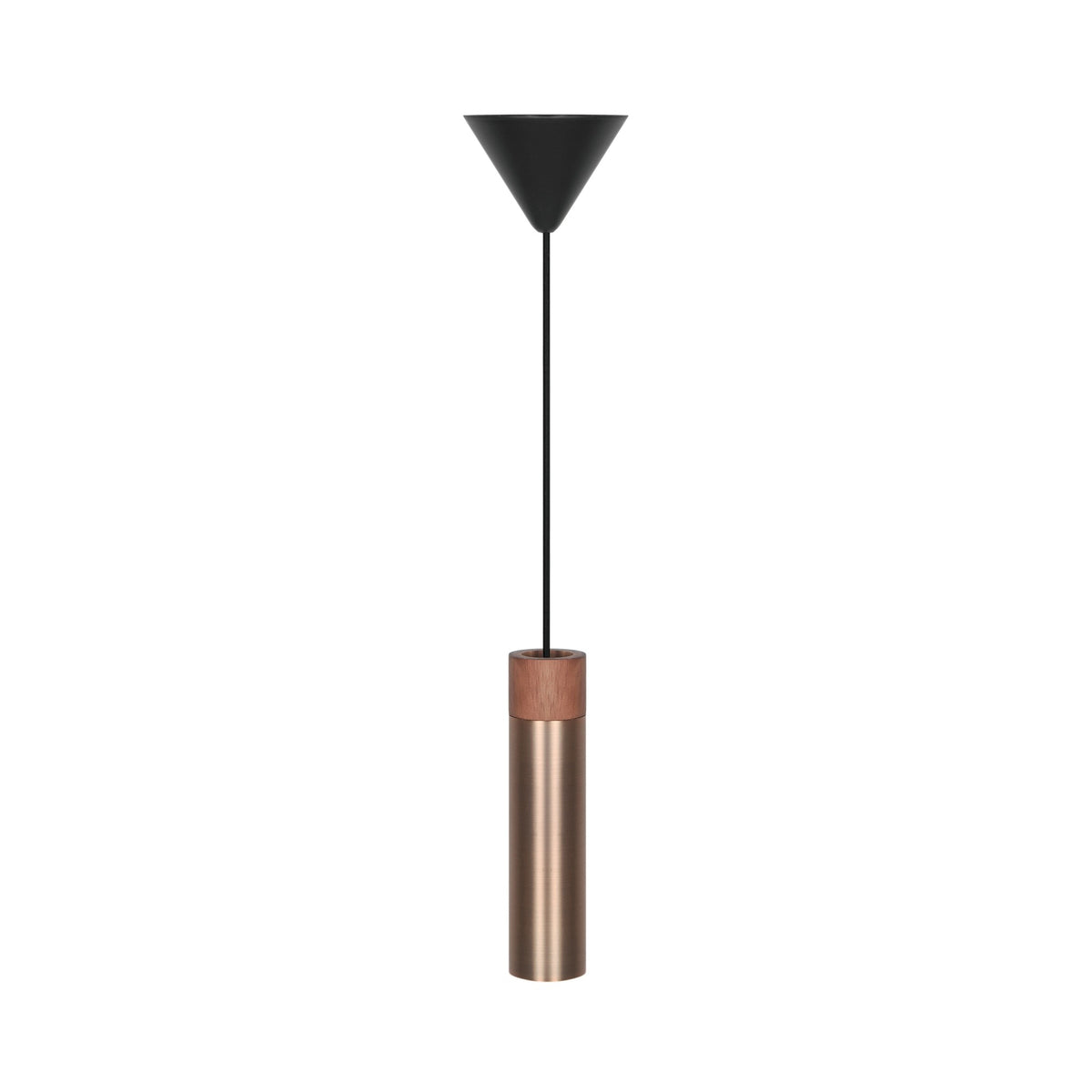 Luminaire suspendu complet, corps cylindrique en bois et laiton, câble noir