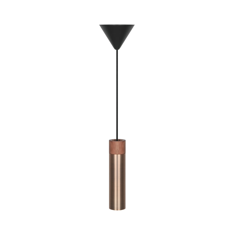 Luminaire suspendu complet, corps cylindrique en bois et laiton, câble noir