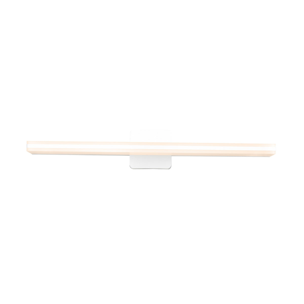 Vue de face de l'applique blanche, barre lumineuse fine et support central discret