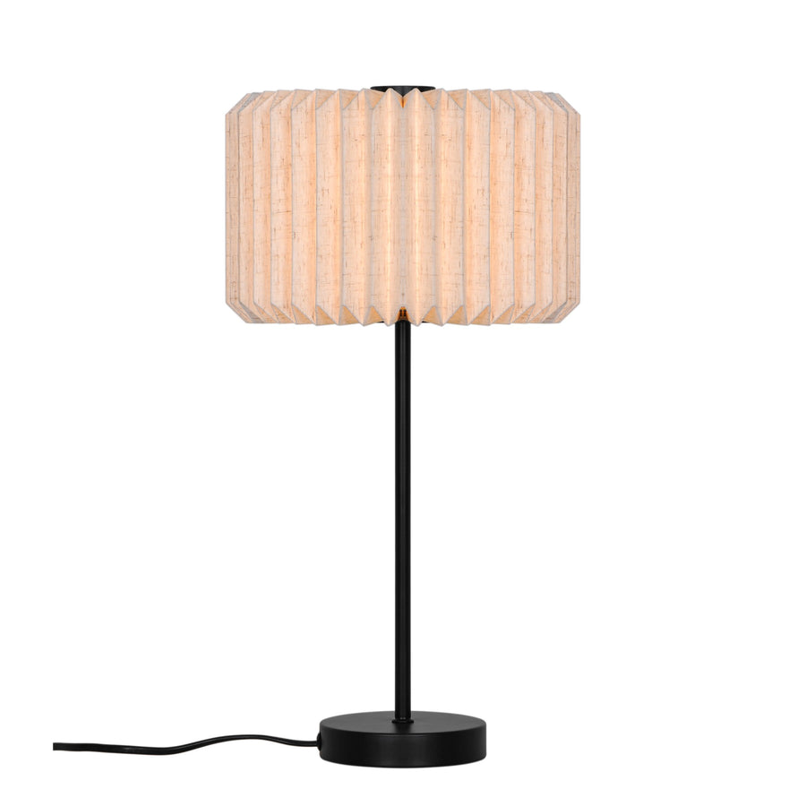 Lampe à poser de face, abat-jour plissé beige et tige métallique noire