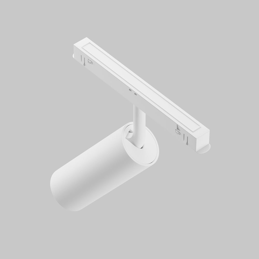 Vue technique d’un rail blanc avec un spot cylindrique orientable et ses accessoires.