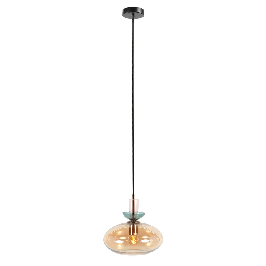 Vue entière du luminaire suspendu avec long câble noir et rosace.