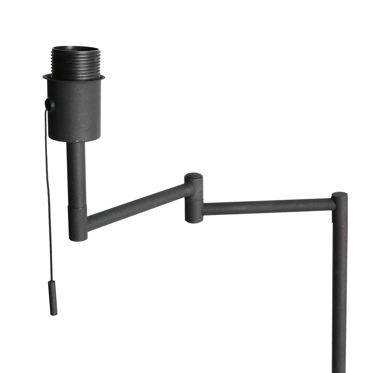 Détail du support métallique noir avec douille, bras articulé et tirette en cordon.