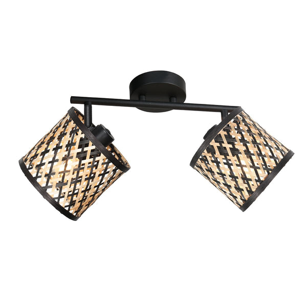 Spot Sumba noir, 2 lumières, abat-jour en bambou Ø12 cm