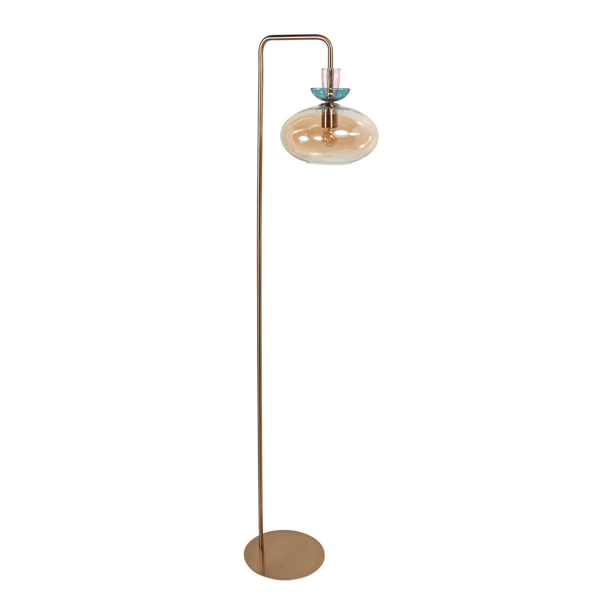 Vue de face du lampadaire sur pied, diffusant une lumière chaude sous un globe ovale.
