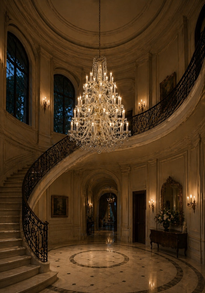 Mise en ambiance dans un hall d'escalier, lustre illuminé au-dessus du sol