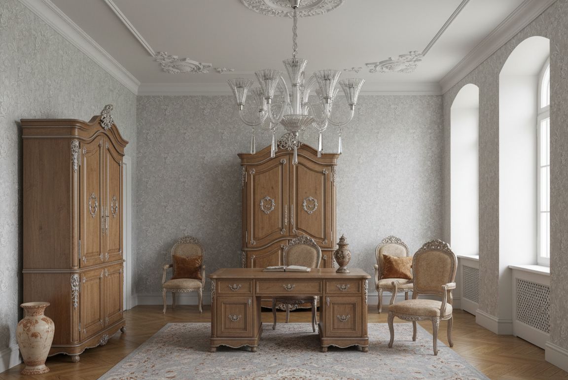 Lustre installé dans un bureau classique en bois, papier peint et mobilier ancien.