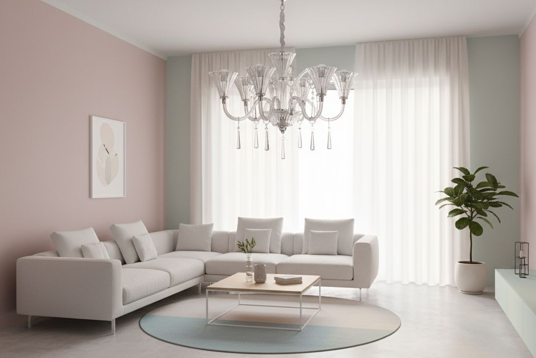 Lustre suspendu dans un séjour aux murs rose pâle et vert d'eau.