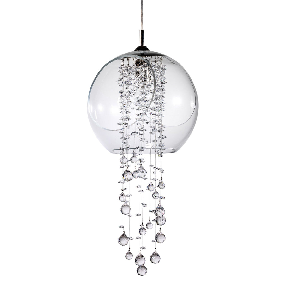 Présentation sur fond blanc du globe en verre et de sa cascade de pampilles cristal