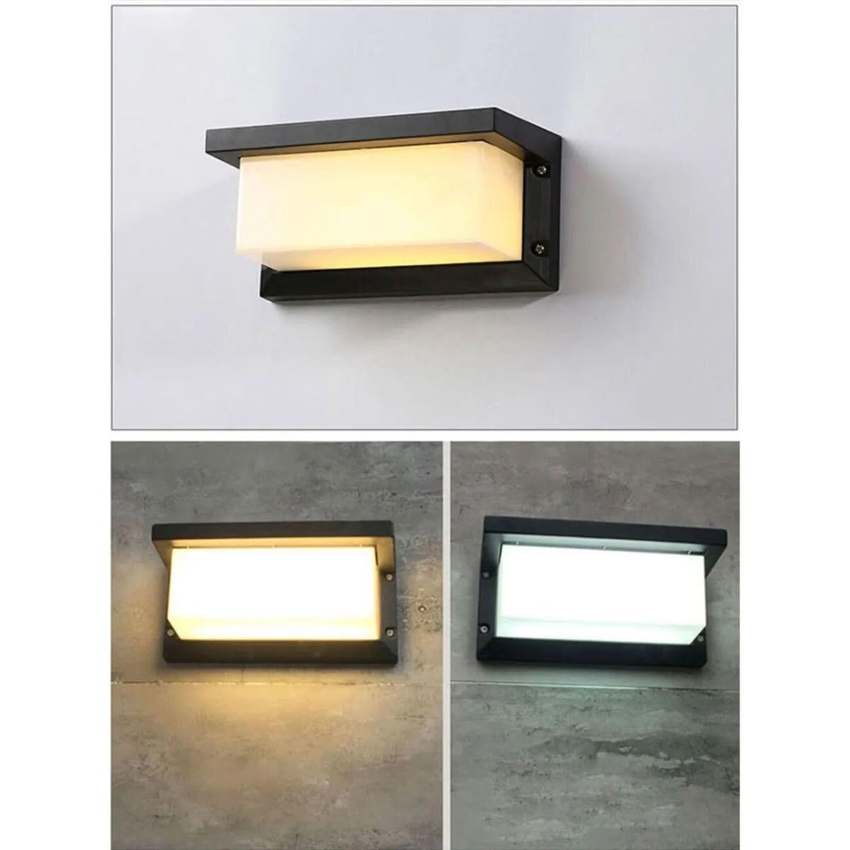 Montage de trois vues : lumière chaude, blanc neutre, puis version éteinte sur béton