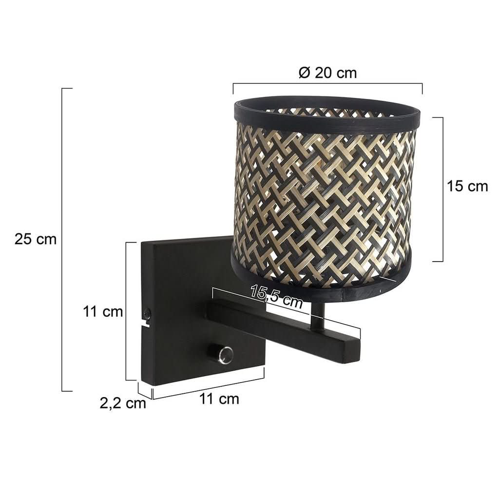 Schéma coté de l'applique avec dimensions : abat-jour diamètre 20 cm et hauteur 15 cm.