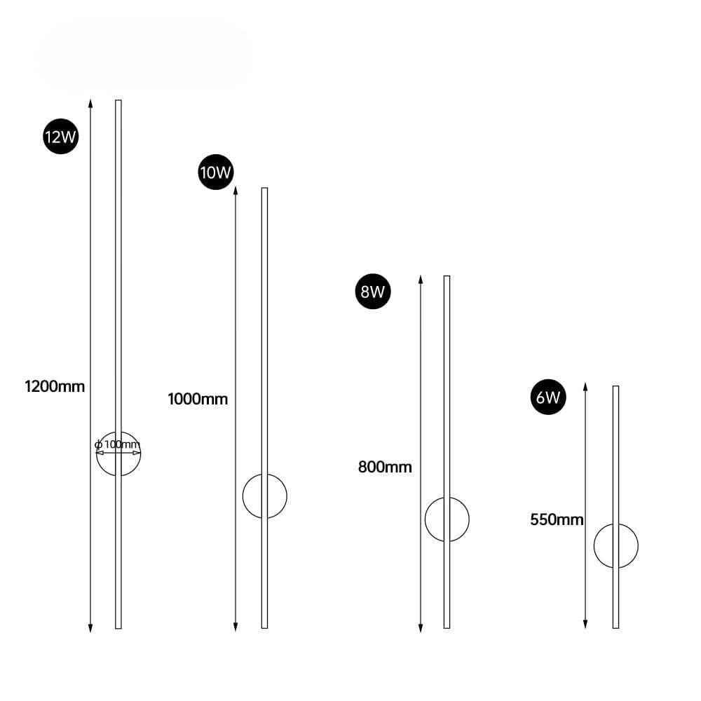 Schéma des dimensions : longueurs 550 à 1200 mm et puissances de 6 à 12 watts