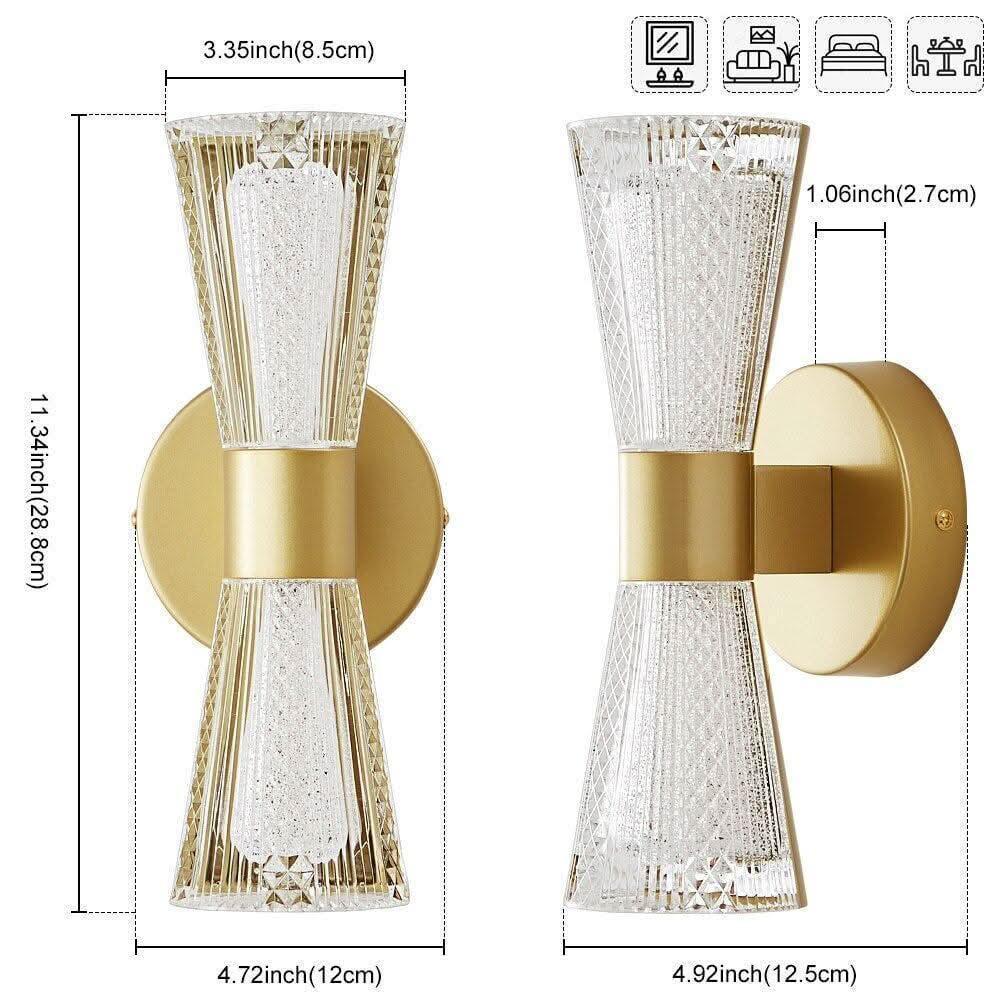 Schéma coté de l'applique avec dimensions en centimètres et icônes d'utilisation intérieure.